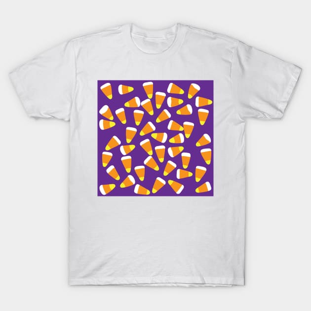 Candy corn on purple for Halloween T-Shirt by HelenDBVickers